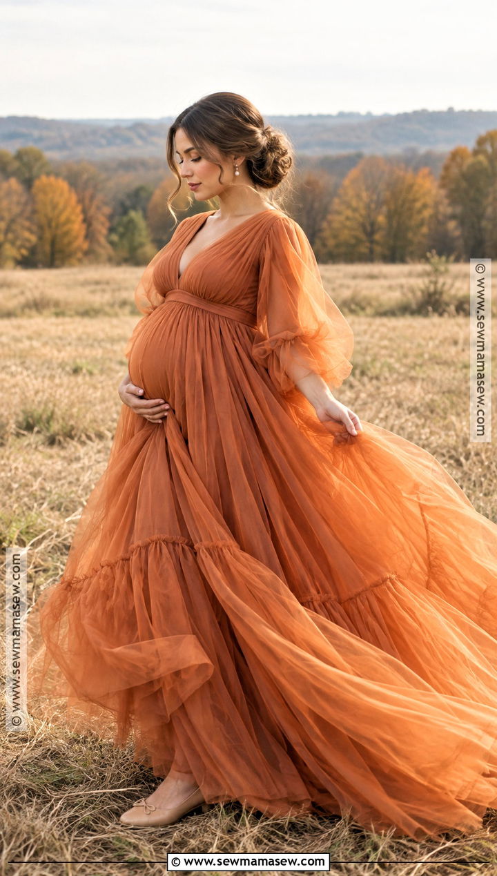 Orange Tulle Maternity Gown With Ballet Flats - 15 fall maternity photos orange dress ideas