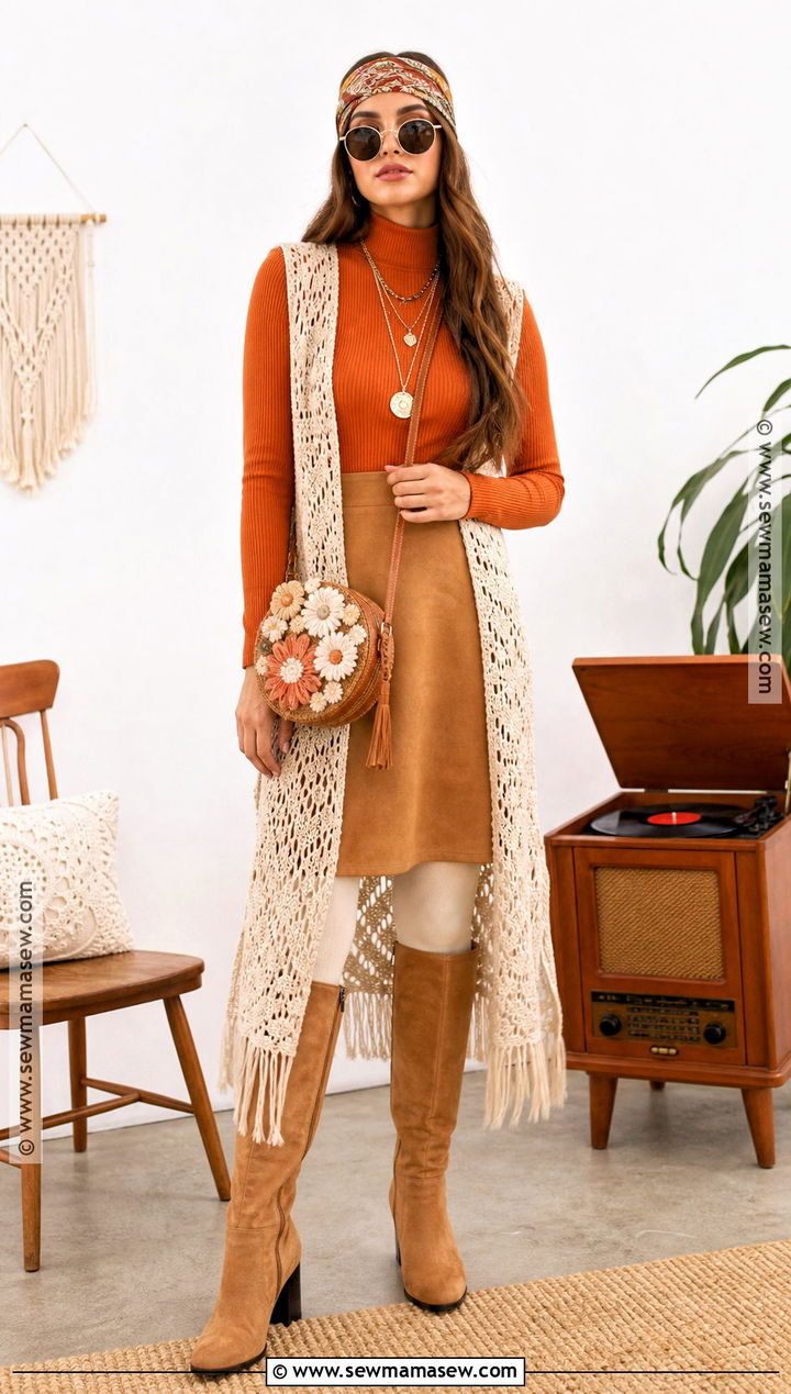 Orange Turtleneck And Suede Skirt Hippie Costume - 30 hippie outfits 70s costume