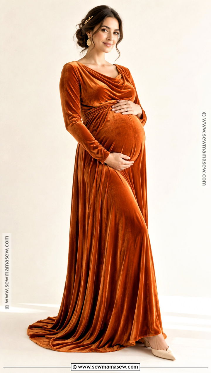 Orange Velvet Maternity Dress With Gold Jewelry - 15 fall maternity photos orange dress ideas