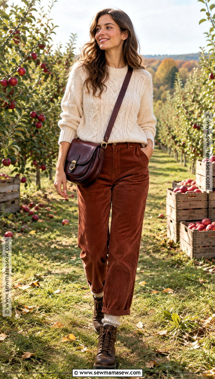 Orchard Outfit With Cable Knit Sweater And Corduroy Pants - 15 Orchard Outfit Fall Warm Ideas