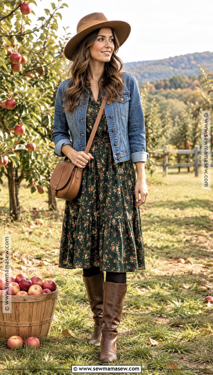 Orchard Outfit With Midi Dress And Denim Jacket - 15 Orchard Outfit Fall Warm Ideas