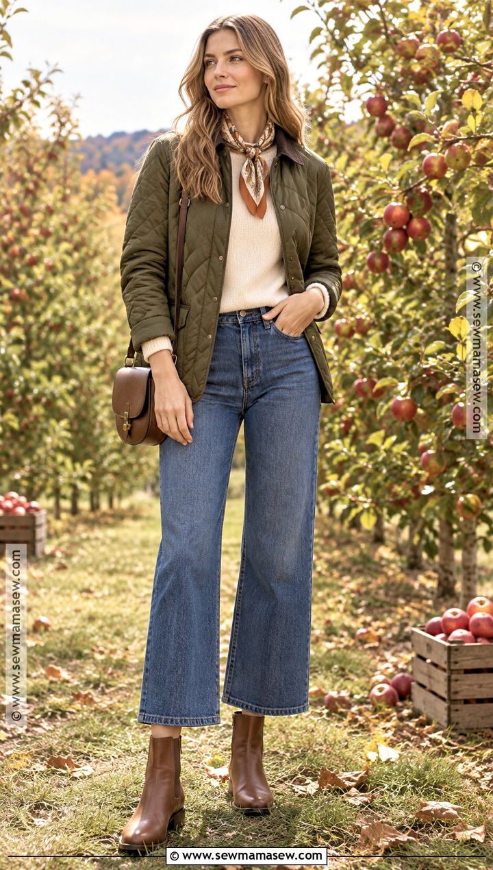 Orchard Outfit With Quilted Jacket And Wide Leg Jeans - 15 Orchard Outfit Fall Warm Ideas