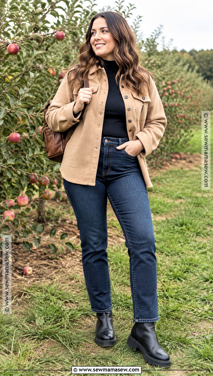 Orchard Outfit With Shacket And Dark Denim - 15 Orchard Outfit Fall Warm Ideas