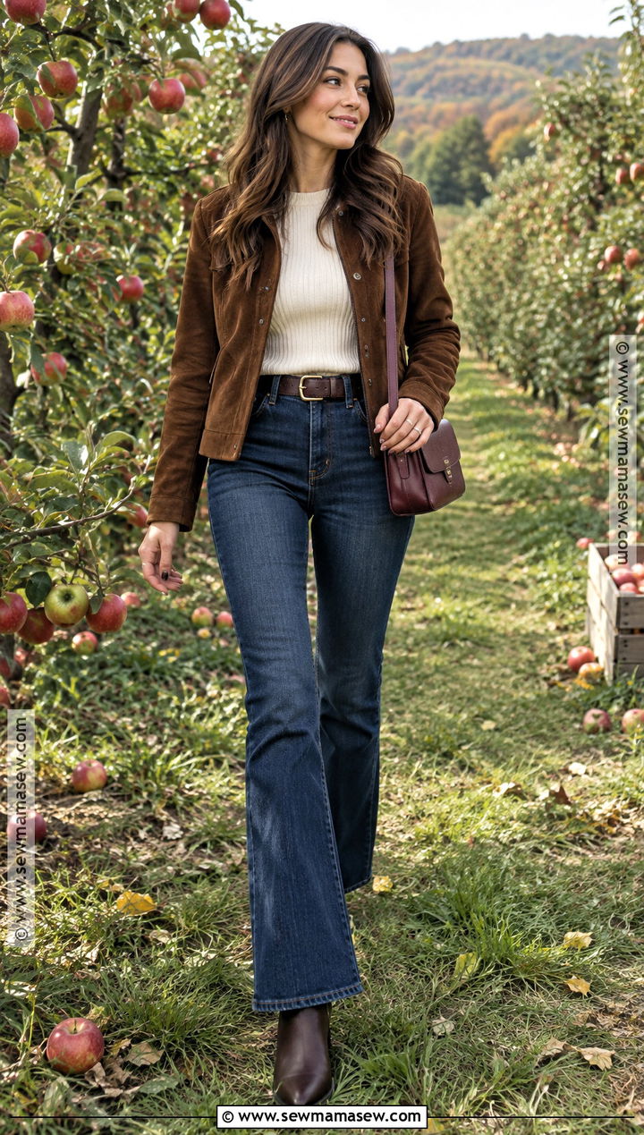 Orchard Outfit With Suede Jacket And Flare Jeans - 15 Orchard Outfit Fall Warm Ideas