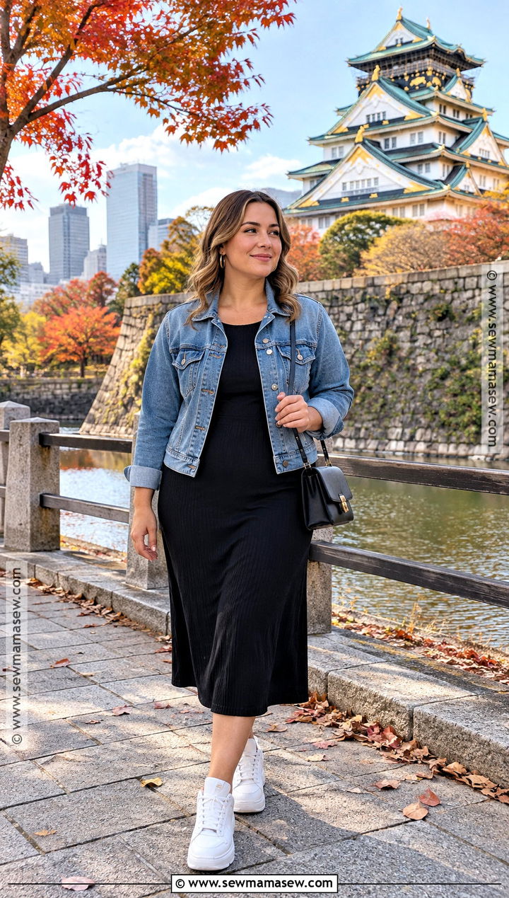 Osaka Autumn Denim Jacket And Black Dress Outfit - 20 osaka outfit autumn ideas