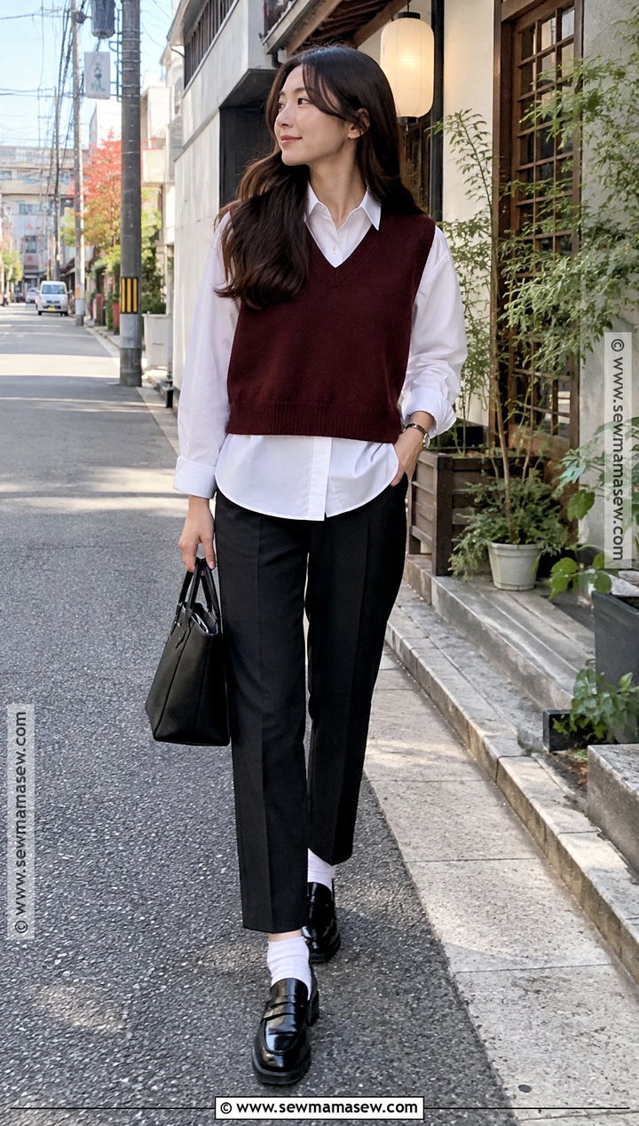 Osaka Autumn Sweater Vest And Button Down Outfit - 20 osaka outfit autumn ideas