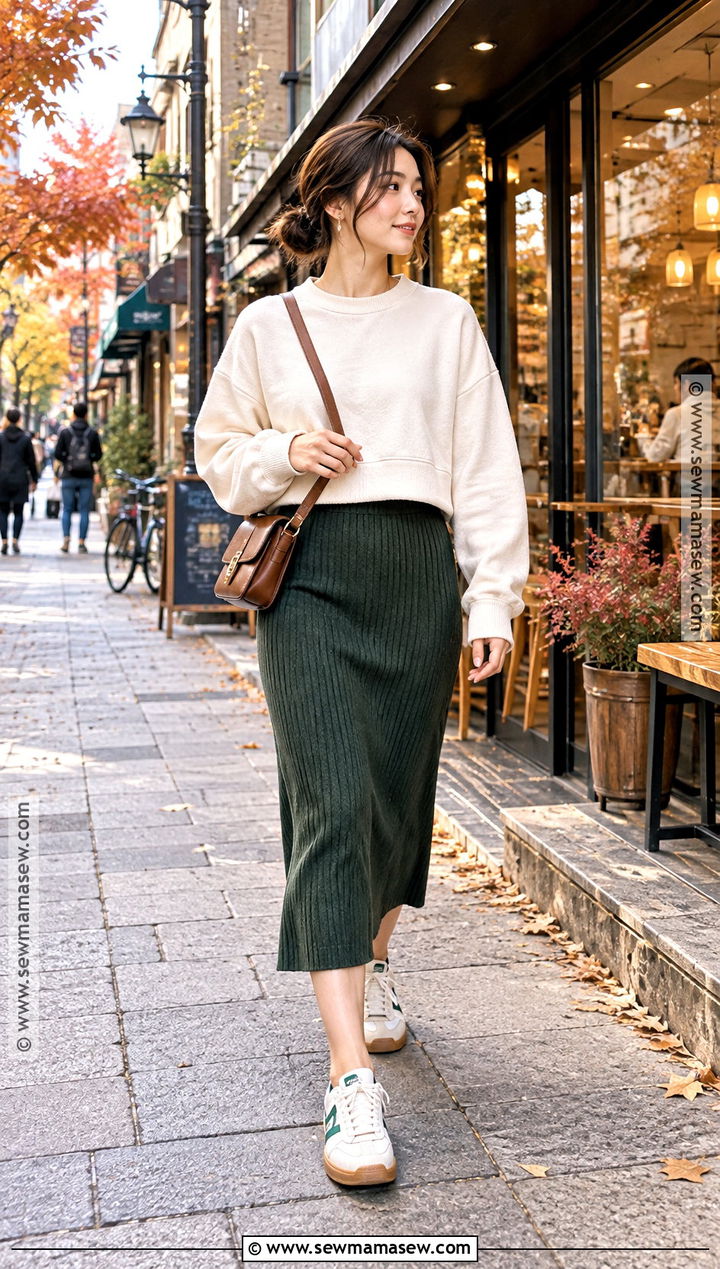 Osaka Autumn Sweatshirt And Midi Dress Outfit - 20 osaka outfit autumn ideas