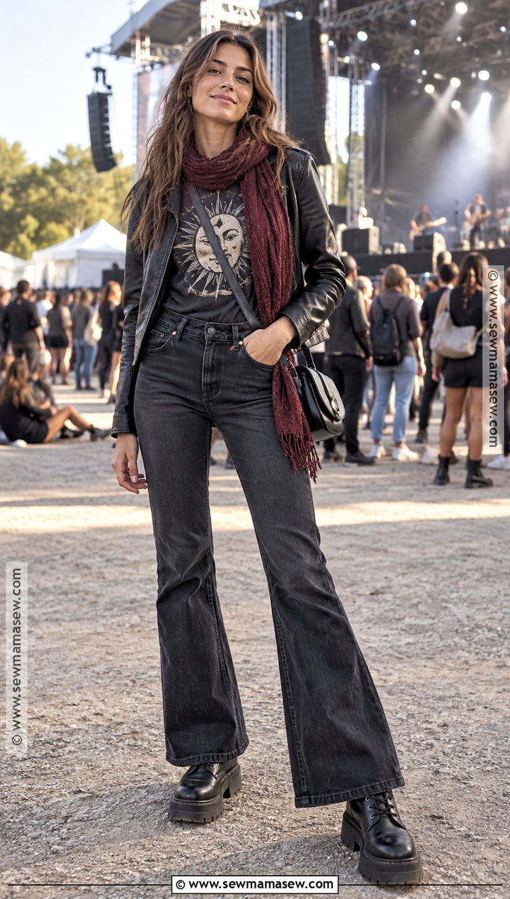 Outdoor Concert Outfit With Leather Jacket And Jeans - 20 Outdoor Fall Outfits for Women