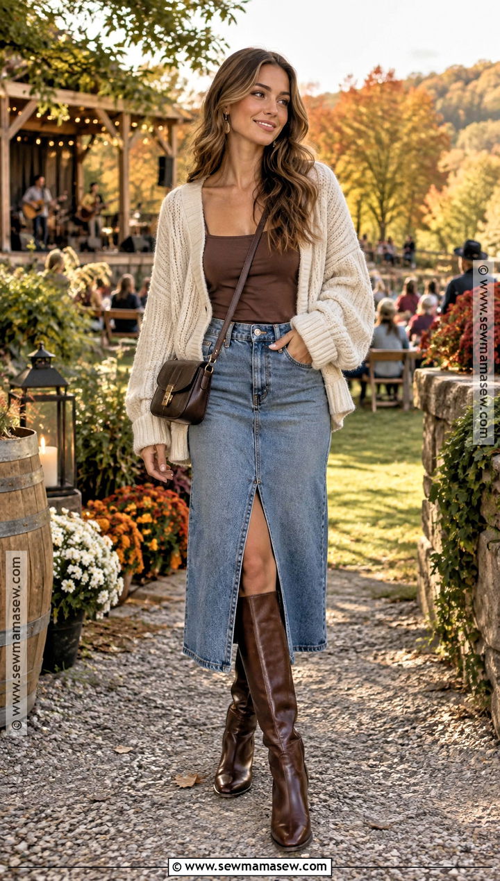 Outdoor Fall Concert Outfit With Cardigan And Denim Skirt - 20 Outdoor Fall Concert Outfit Ideas