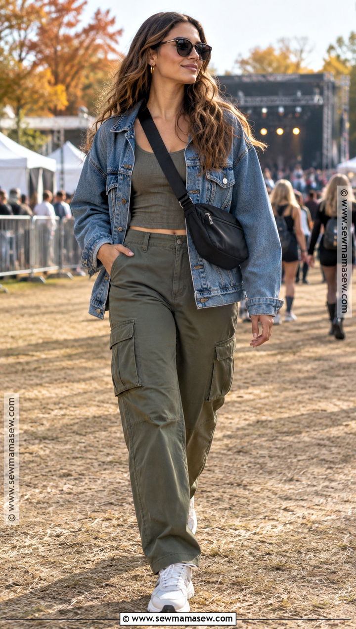 Outdoor Fall Concert Outfit With Denim Jacket And Cargo Pants - 20 Outdoor Fall Concert Outfit Ideas
