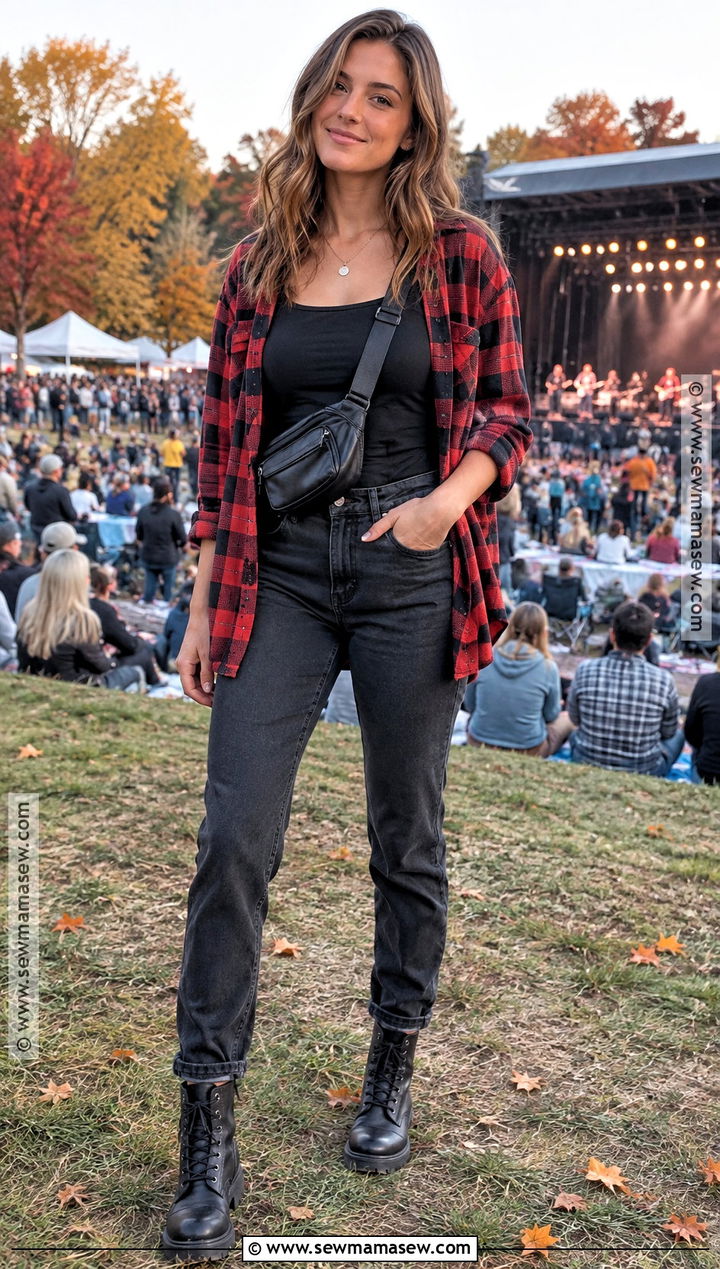 Outdoor Fall Concert Outfit With Flannel And Black Jeans - 20 Outdoor Fall Concert Outfit Ideas