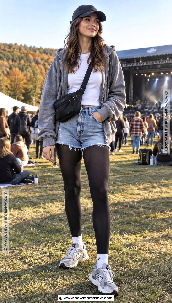 Outdoor Fall Concert Outfit With Hoodie And Denim Shorts - 20 Outdoor Fall Concert Outfit Ideas