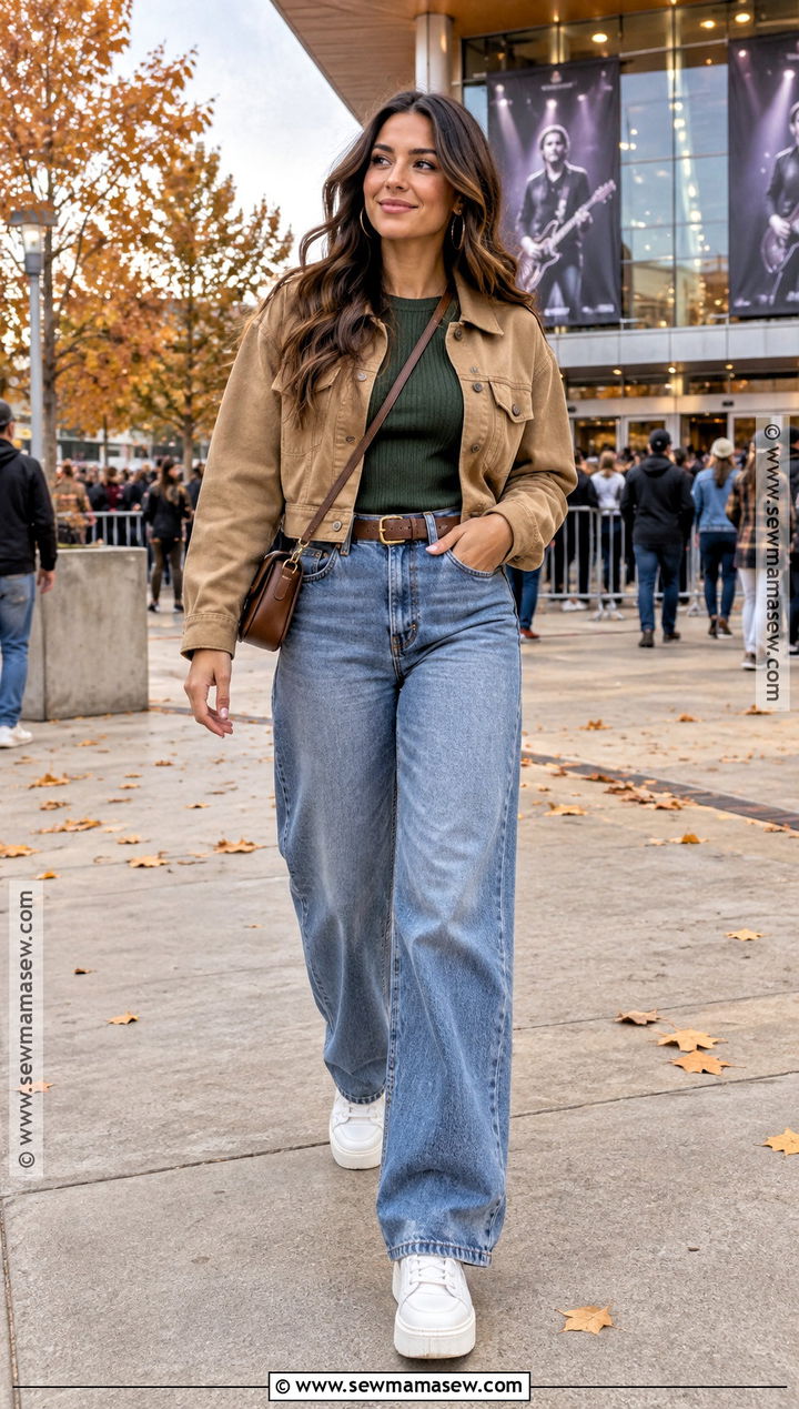Outdoor Fall Concert Outfit With Knit Top And Wide Leg Jeans - 20 Outdoor Fall Concert Outfit Ideas