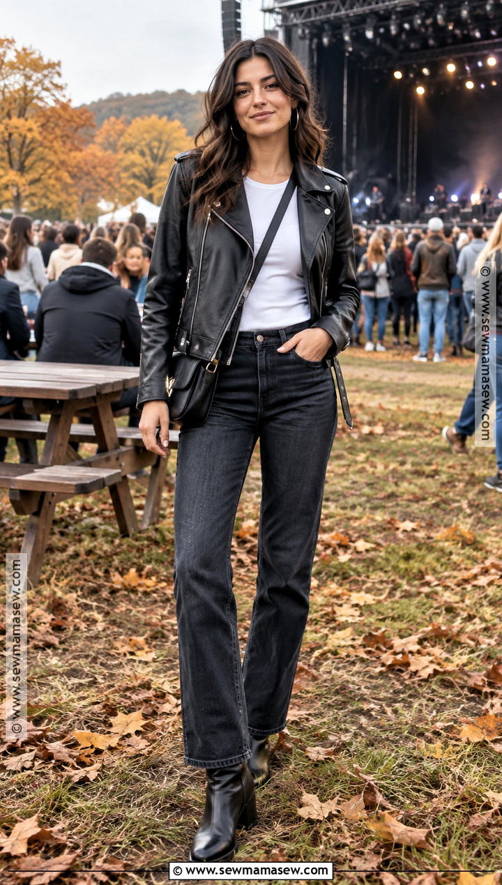 Outdoor Fall Concert Outfit With Leather Jacket And Jeans - 20 Outdoor Fall Concert Outfit Ideas