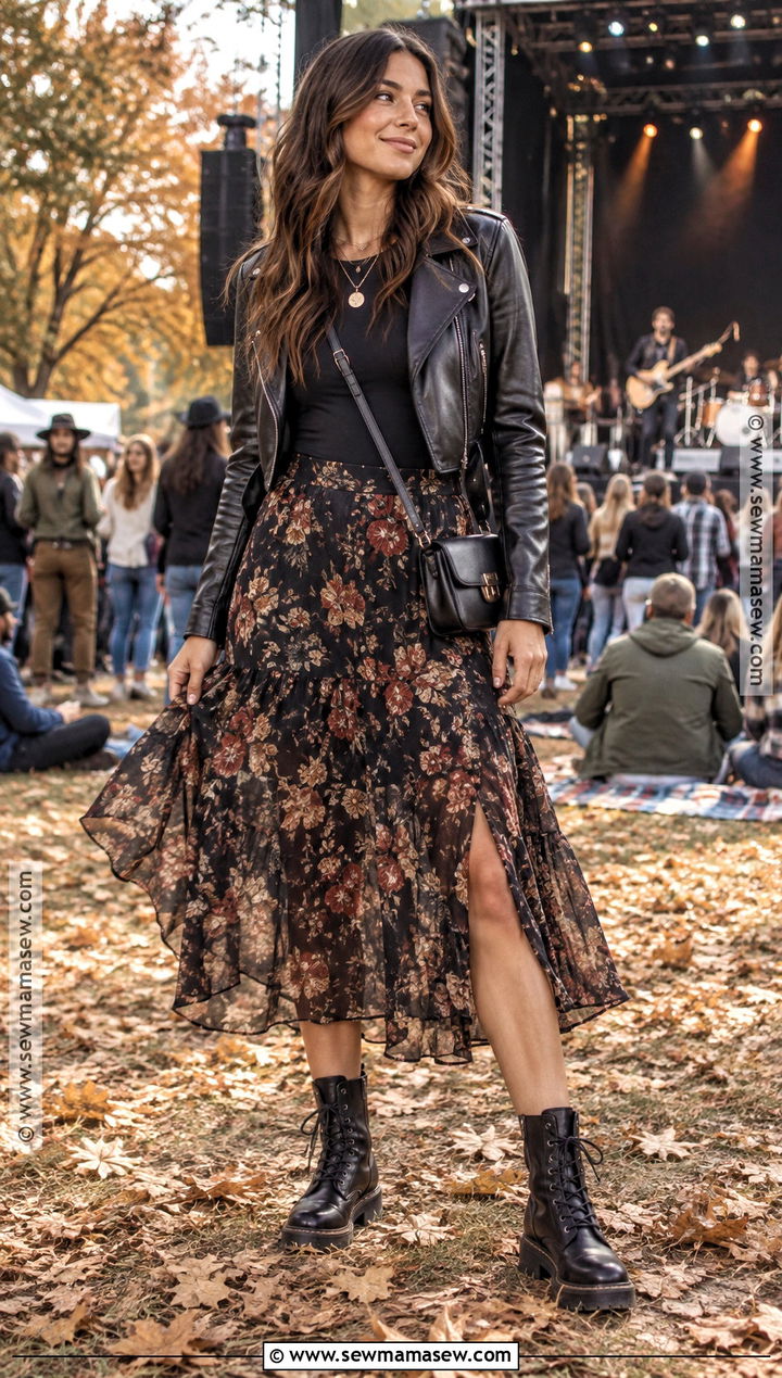 Outdoor Fall Concert Outfit With Midi Skirt And Combat Boots - 20 Outdoor Fall Concert Outfit Ideas