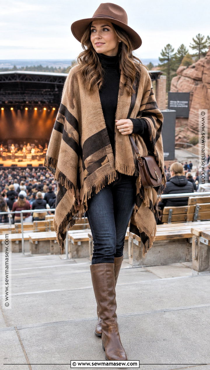 Outdoor Fall Concert Outfit With Poncho And Skinny Jeans - 20 Outdoor Fall Concert Outfit Ideas