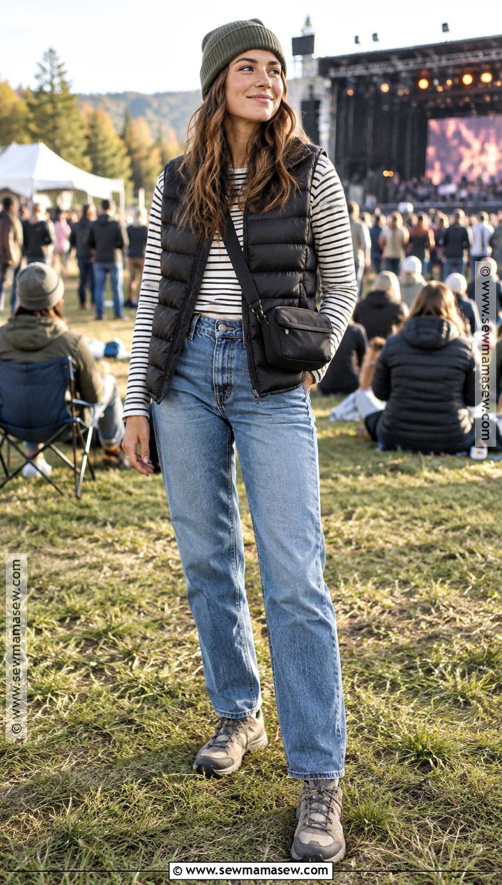 Outdoor Fall Concert Outfit With Puffer Vest And Straight Jeans - 20 Outdoor Fall Concert Outfit Ideas