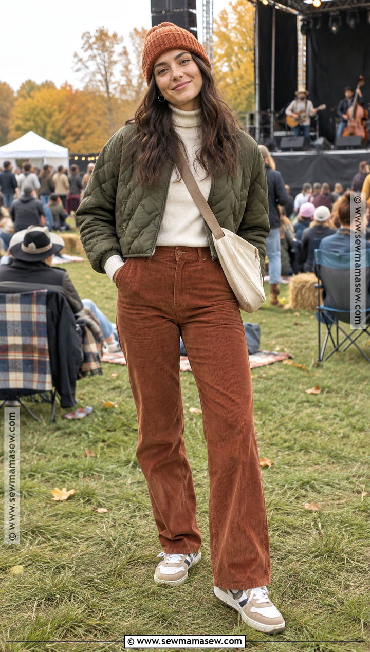 Outdoor Fall Concert Outfit With Quilted Jacket And Corduroy Pants - 20 Outdoor Fall Concert Outfit Ideas
