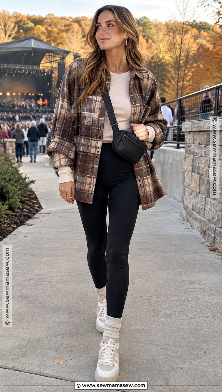 Outdoor Fall Concert Outfit With Shacket And Leggings - 20 Outdoor Fall Concert Outfit Ideas