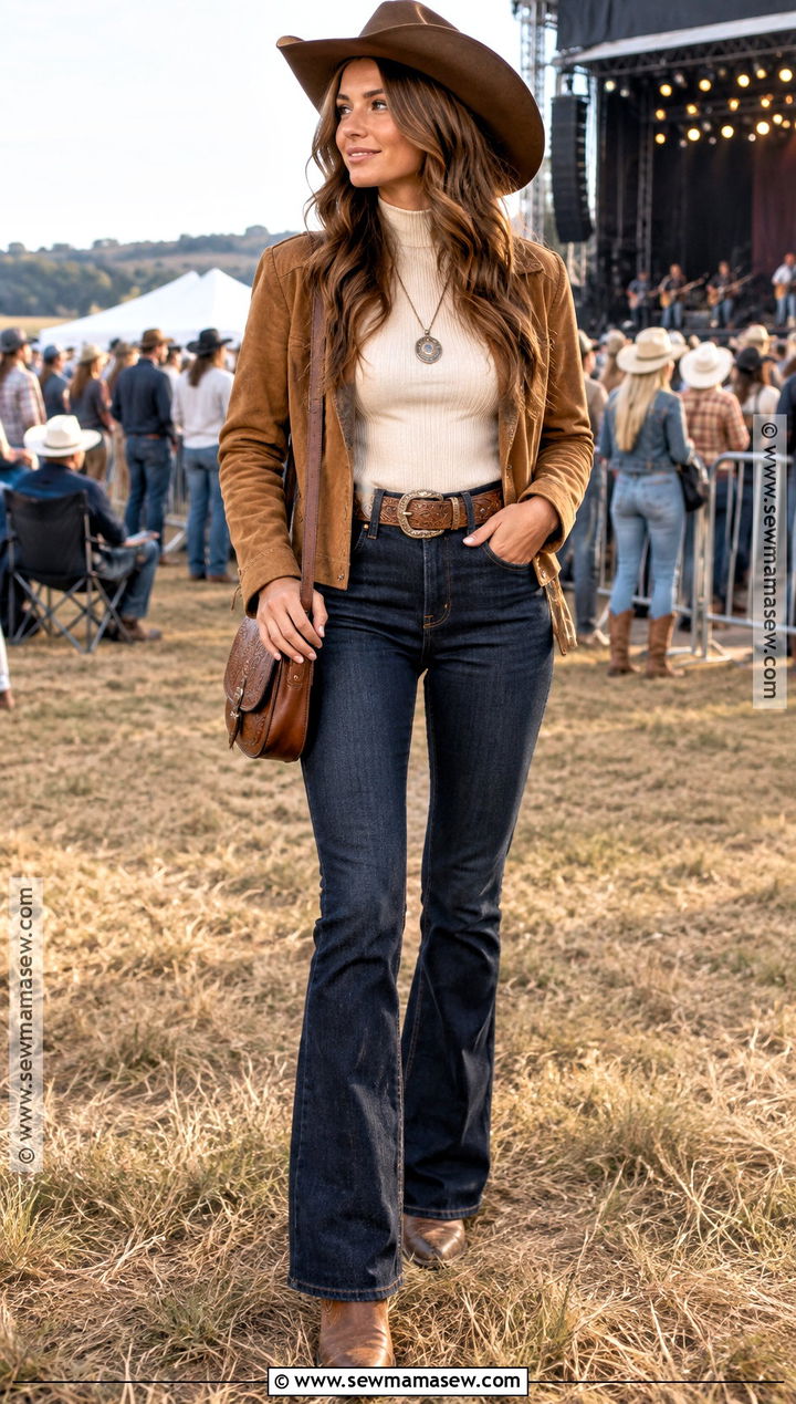 Outdoor Fall Concert Outfit With Suede Jacket And Bootcut Jeans - 20 Outdoor Fall Concert Outfit Ideas