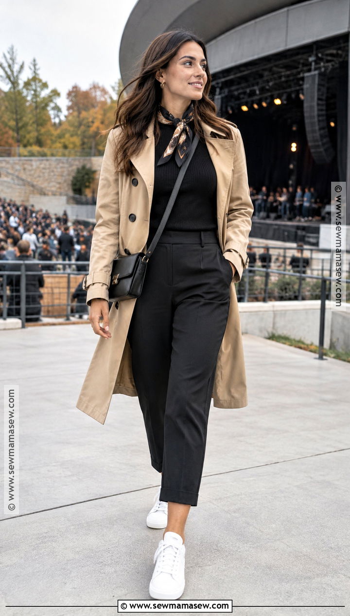 Outdoor Fall Concert Outfit With Trench Coat And Black Trousers - 20 Outdoor Fall Concert Outfit Ideas