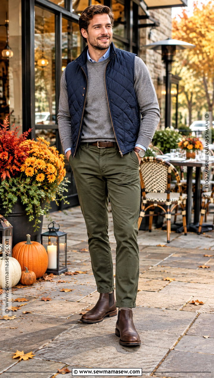Outdoor Fall Dinner Outfit With Quilted Vest - 15 fall dinner outfits for men