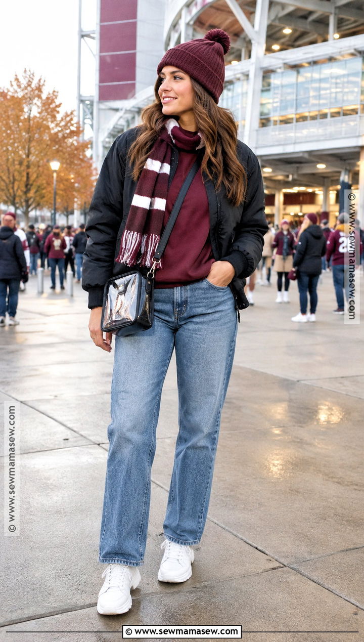 Outdoor Football Game Outfit With Bomber Jacket And Jeans - 20 Outdoor Fall Outfits for Women