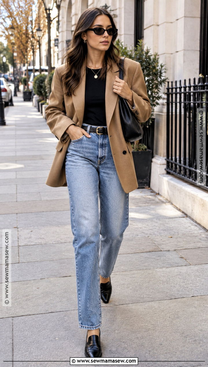 Oval Sunglasses With a Blazer and Jeans - 15 autumn sunglasses outfit ideas