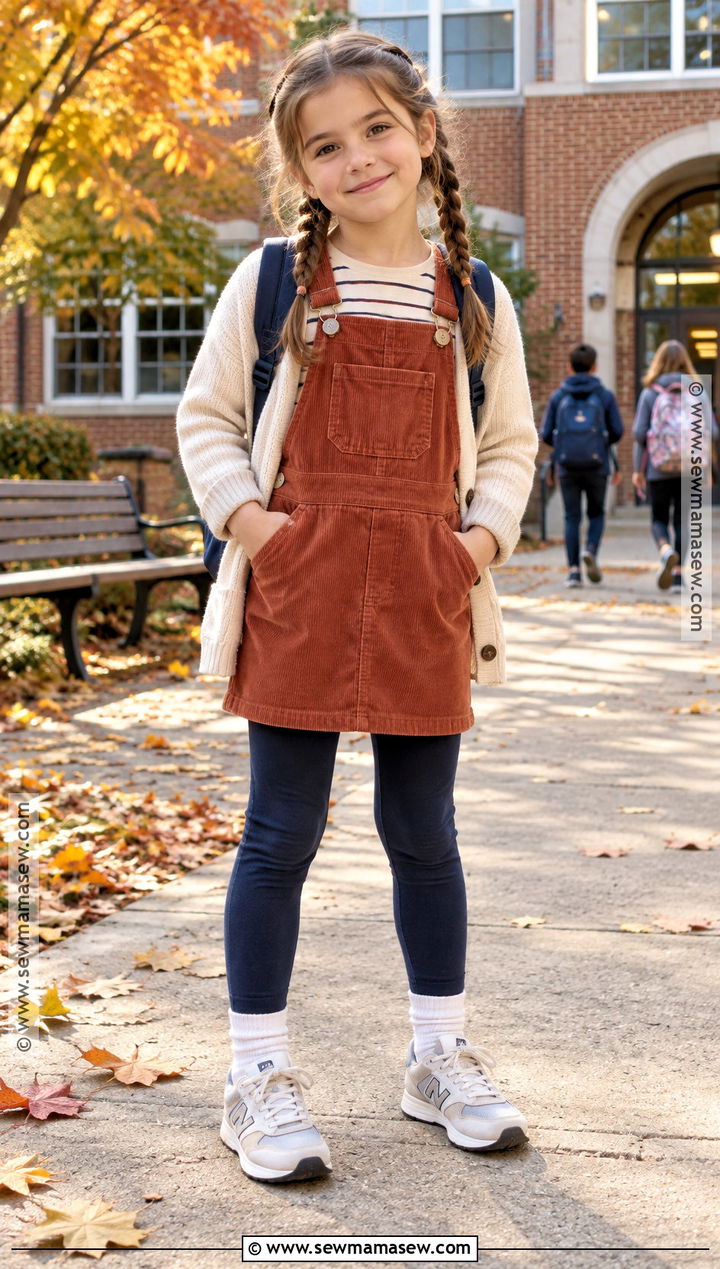 Overall Dress With Long Sleeve Tee And Sneakers - 20 Back To School Outfits Kindergarten for Girls