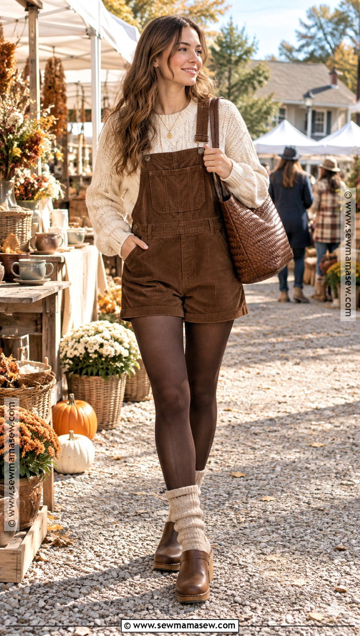 Overall Shorts With Chunky Knit And Clogs - 20 overall shorts outfit fall ideas