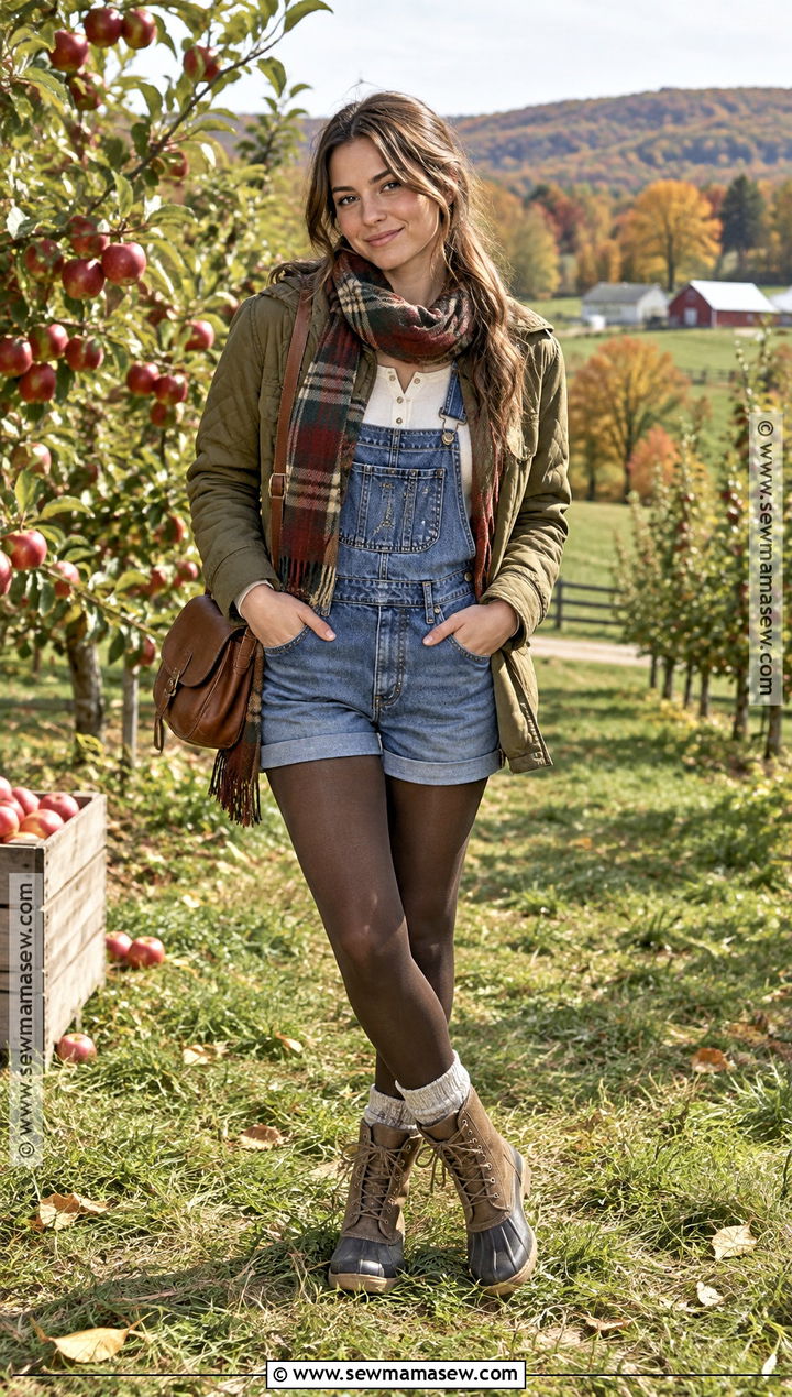 Overall Shorts With Henley And Quilted Jacket - 20 overall shorts outfit fall ideas