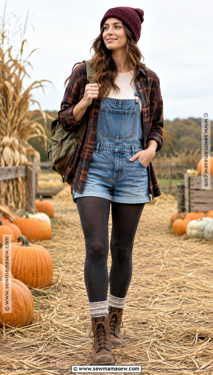 Overall Shorts With Plaid Shirt And Hiking Boots - 20 overall shorts outfit fall ideas