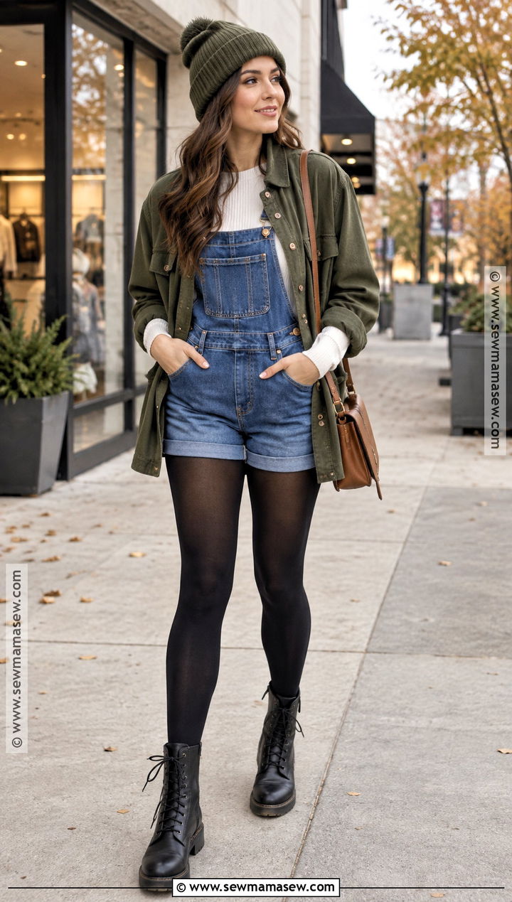Overall Shorts With Thermal Top And Shacket - 20 overall shorts outfit fall ideas