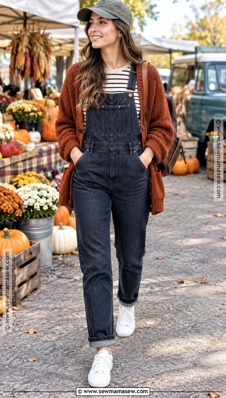 Overalls And Cardigan Fall Travel Outfit - 25 fall travel outfit ideas