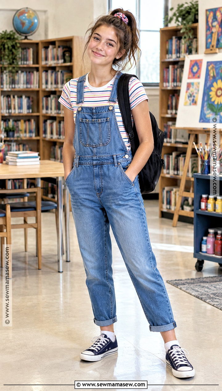 Overalls And Fitted Tee Back To School Outfit - 15 Back To School Outfits For 8Th Graders