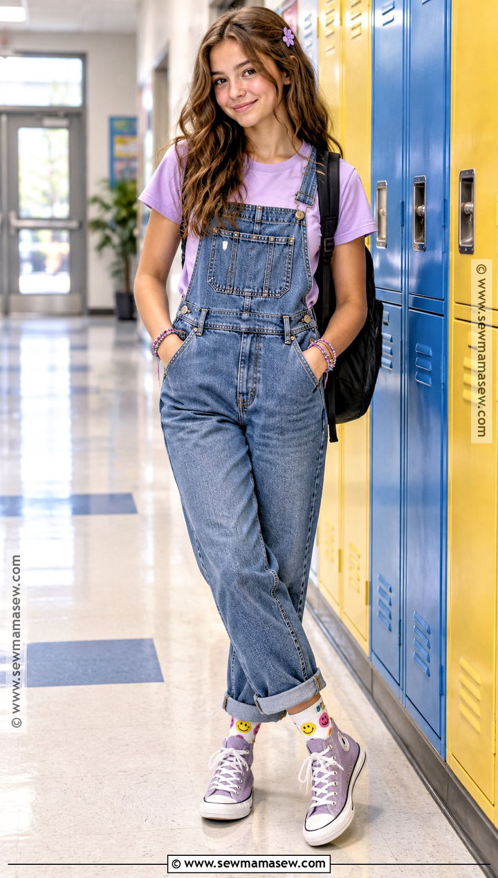Overalls And Fitted Tee Outfit - 20 cute back to school outfits for 8th