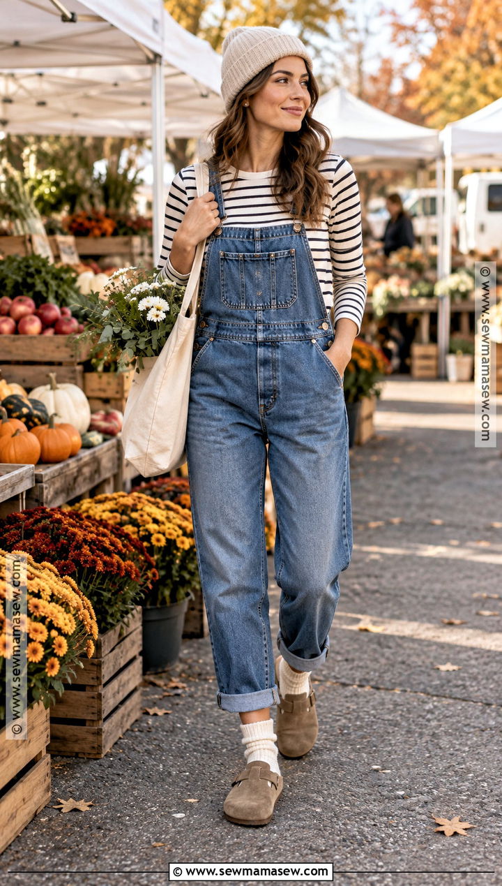 Overalls And Long Sleeve Tee With Clogs - 20 fall outfits with clogs