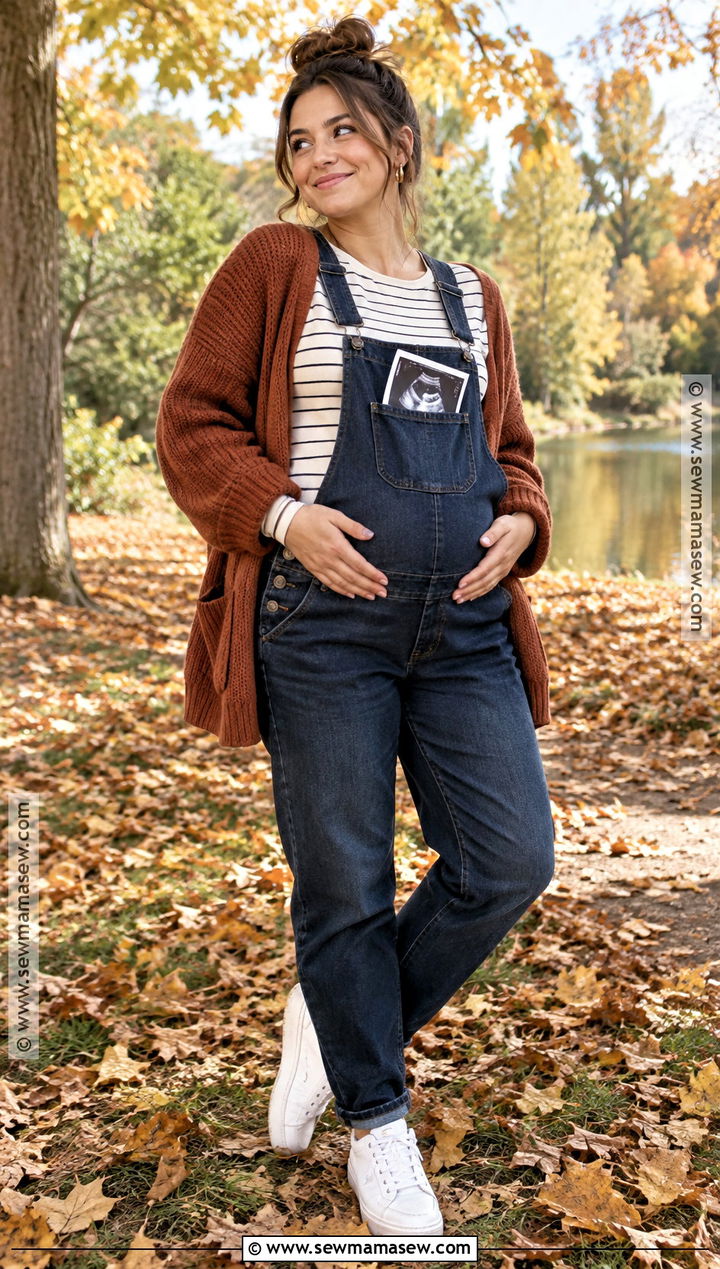Overalls And Striped Maternity Top Outfit - 20 Fall Pregnancy Announcement Outfit Ideas