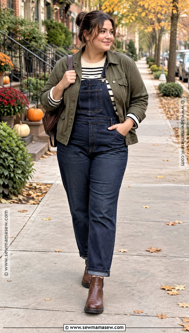 Overalls And Striped Sweater Fall Outfit - 20 mid size fall fashion ideas
