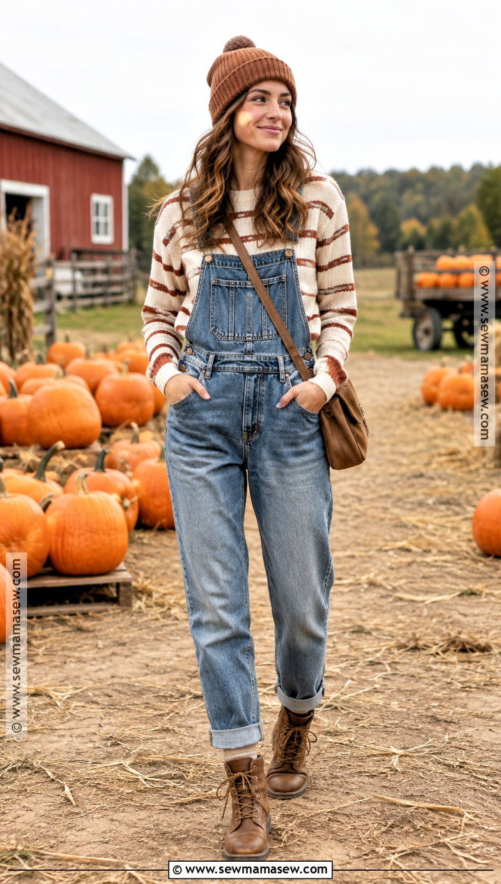 Overalls And Striped Sweater Outfit - 20 festival fall outfit ideas