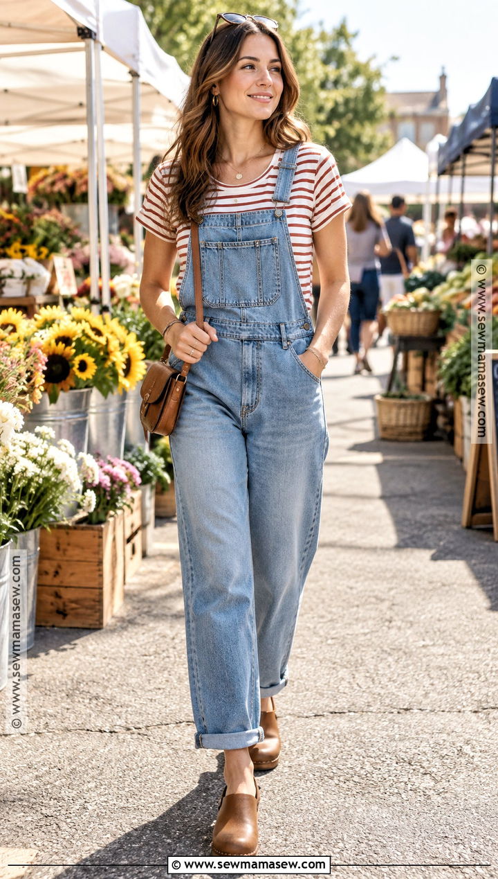 Overalls And Striped T Shirt Fall Outfit - 20 Hot Day Fall Outfits