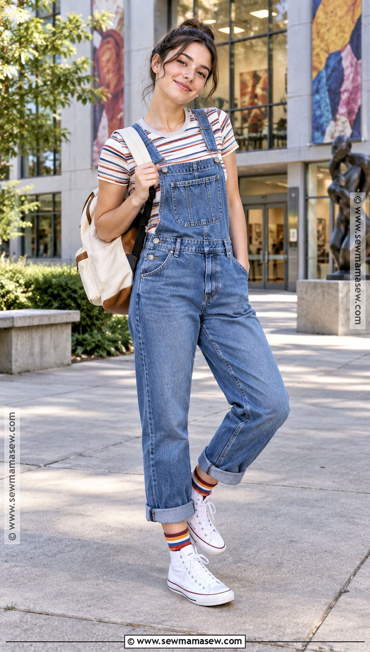 Overalls And Striped Tee College Outfit - 15 back to school college outfits 2026