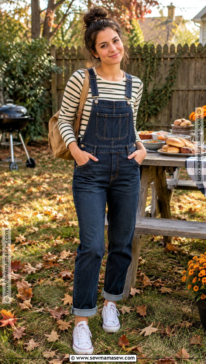 Overalls And Striped Tee Fall BBQ Outfit - 20 fall bbq outfit ideas