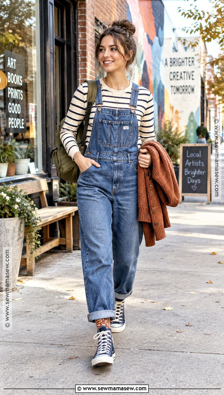 Overalls And Striped Tee Fall Outfit - 25 easy fall outfits casual