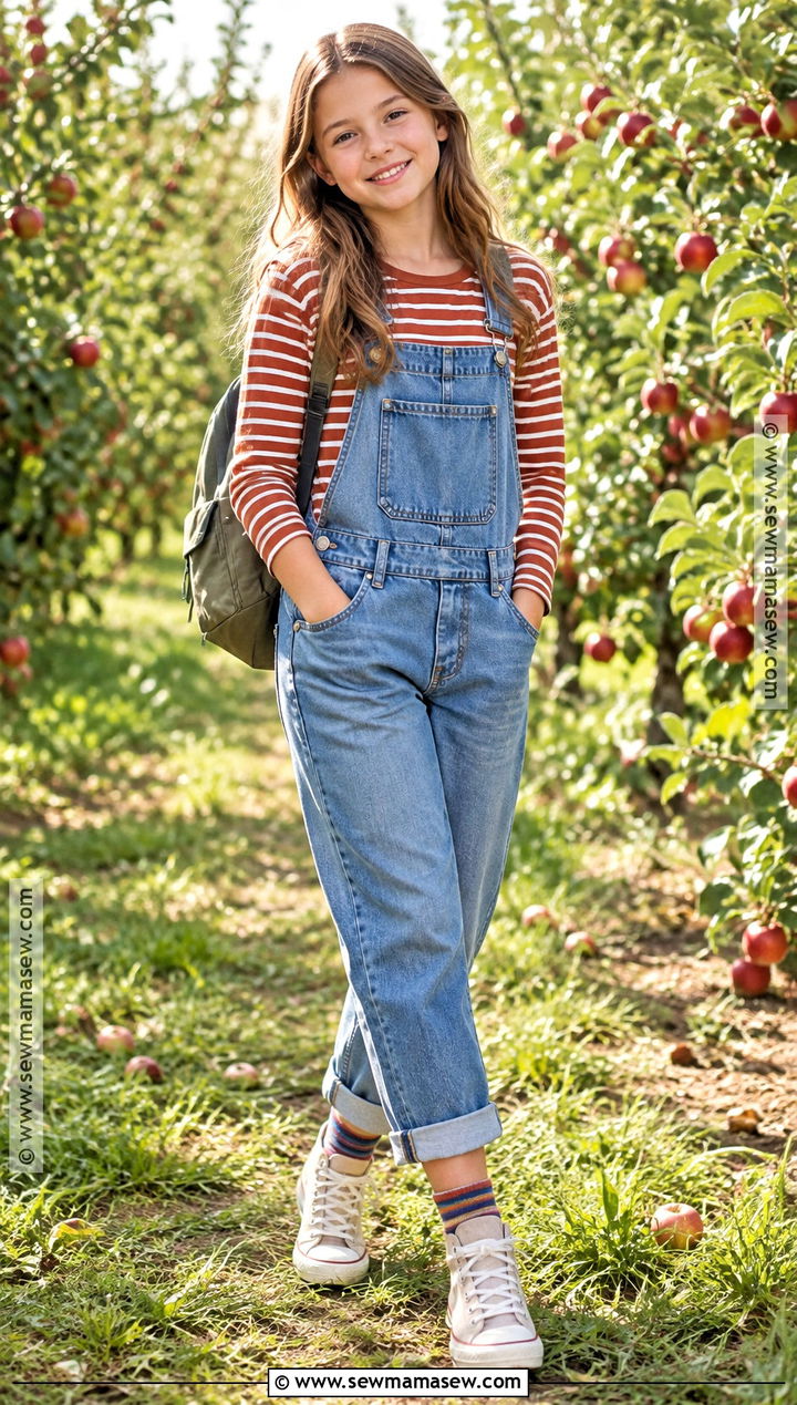Overalls And Striped Tee Fall Outfit - 20 fall outfits for girls 10-12