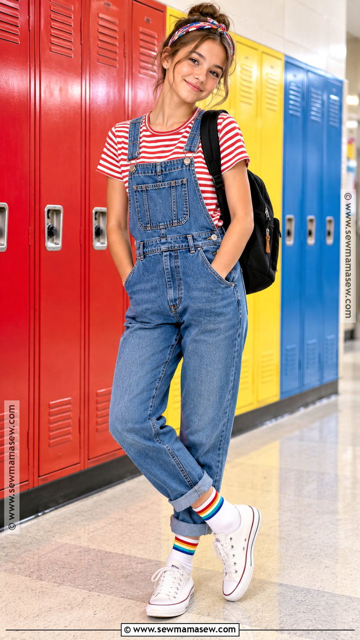 Overalls And Striped Tee For 7th Grade - 20 Cute Back To School Outfits 7Th Grade