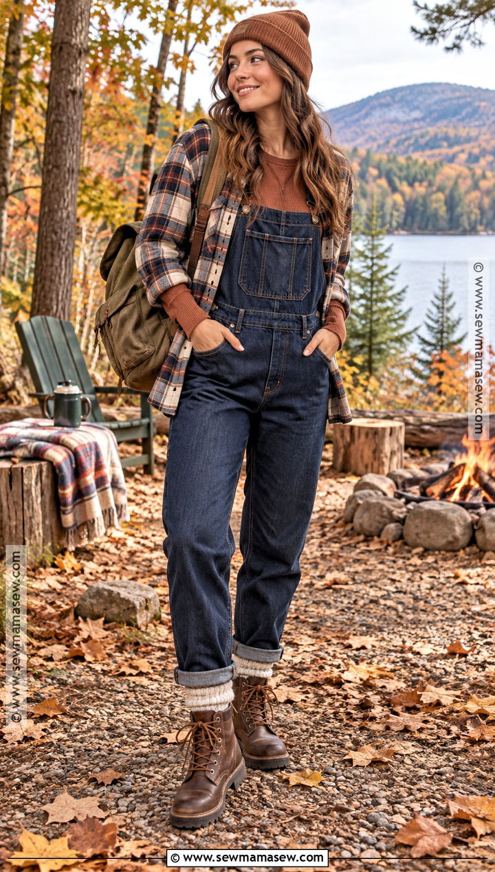 Overalls Bonfire Outfit With A Thermal Top - 20 bonfire outfit fall night ideas