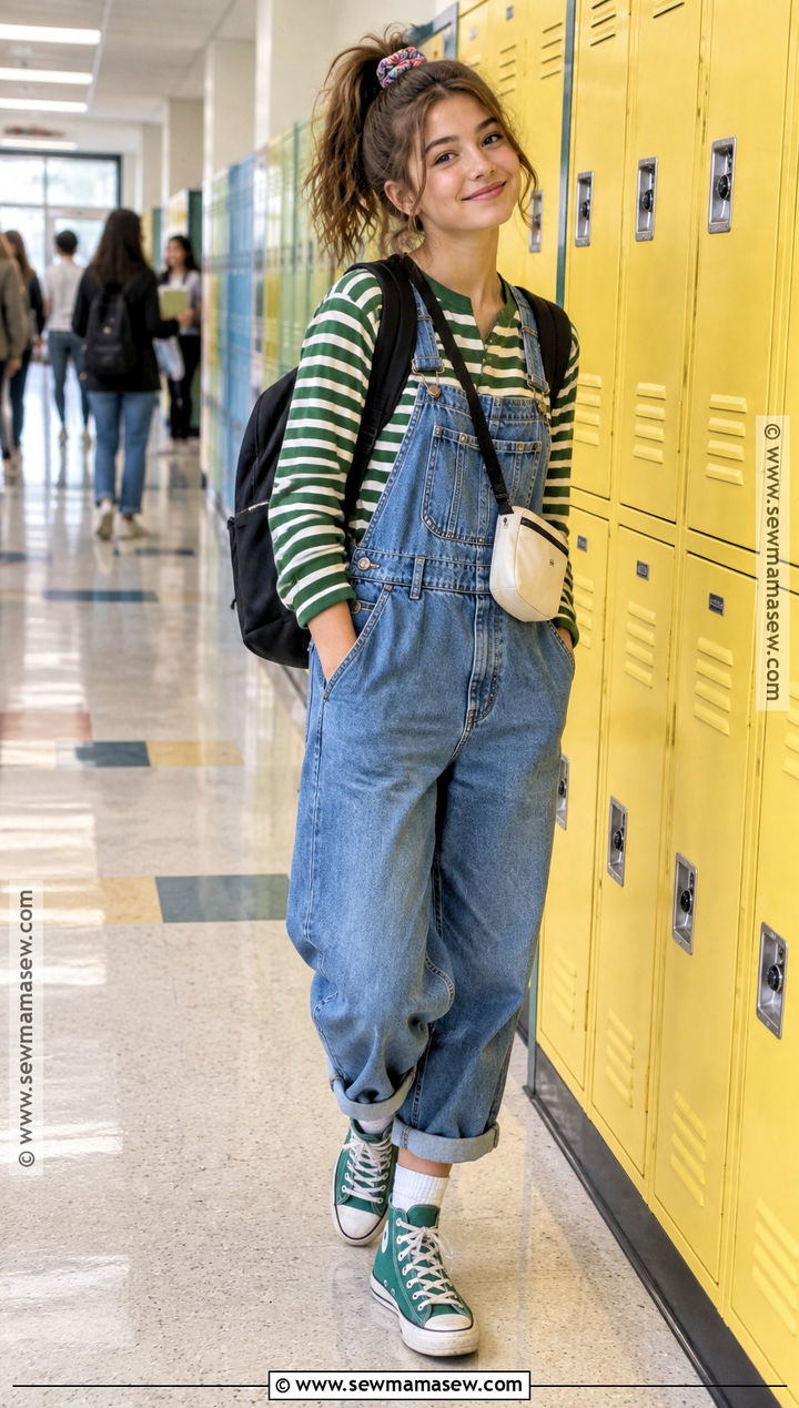 Overalls School Outfit With Long Sleeve Tee - 15 school outfits back to school