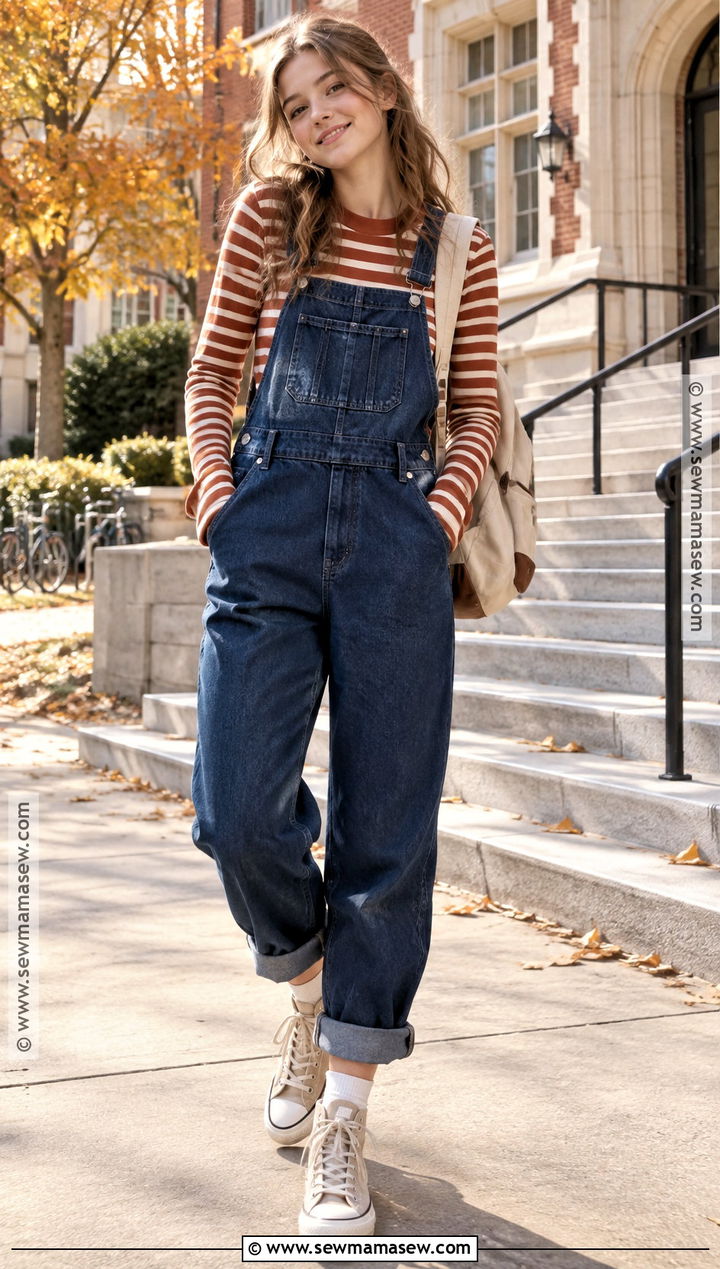 Overalls Striped T Shirt And High Top Sneakers School Outfit - 25 autumn outfits school
