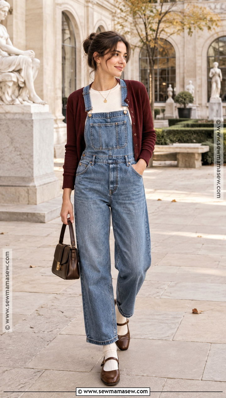 Overalls With Cardigan And Mary Jane Shoes - 25 overalls outfit fall